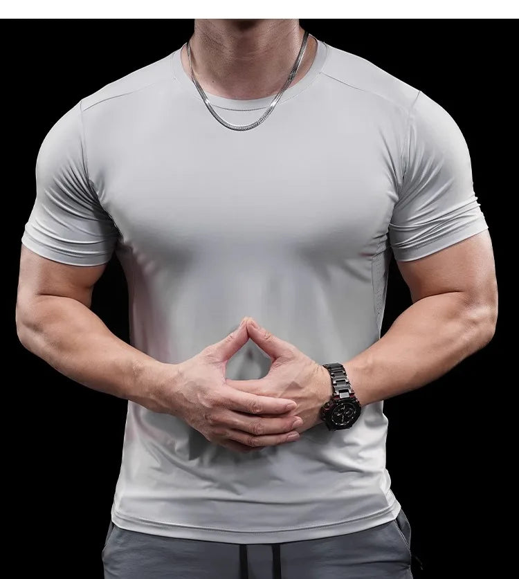 Summer New Basketball Men's Running Training Sports Gym Fitness High Elastic Quick-drying Casual Short-sleeved T-shirt Tops