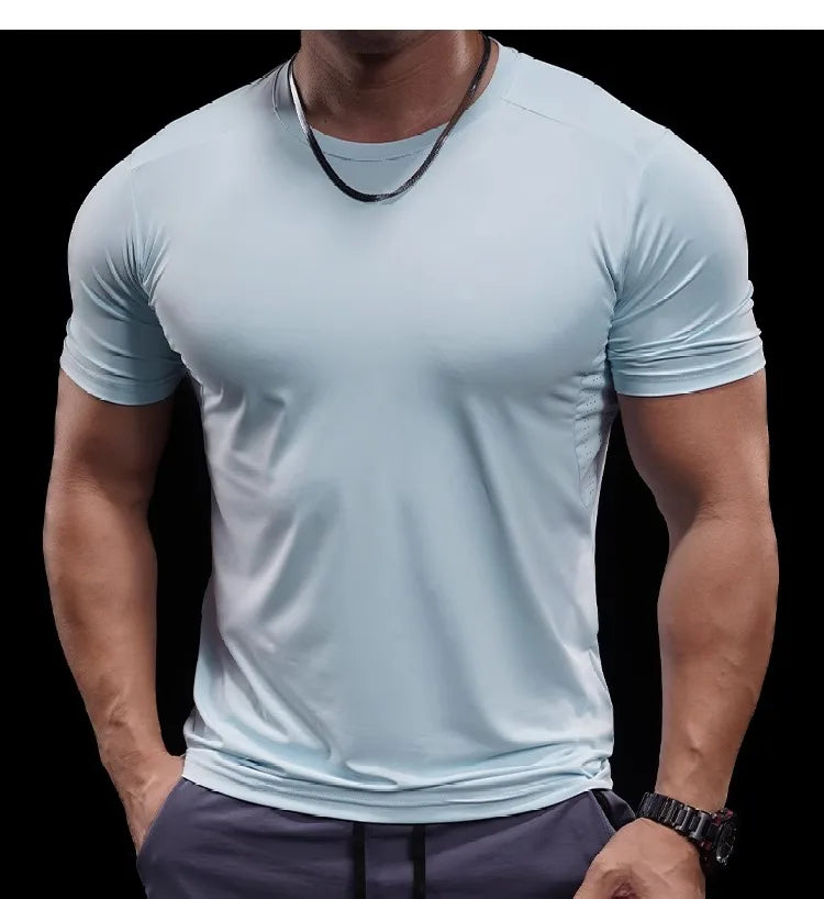 Summer New Basketball Men's Running Training Sports Gym Fitness High Elastic Quick-drying Casual Short-sleeved T-shirt Tops
